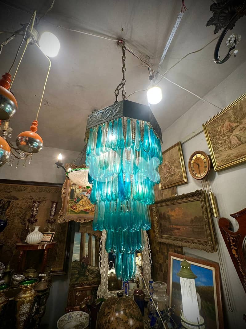 Antique turkish chandellier Murano glass blue petals 1