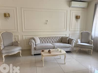Chic Beige Sofa Set with Armchairs & Marble Table