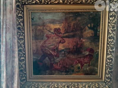 Oil on canvas antique painting  Hunter Scene signed and framed