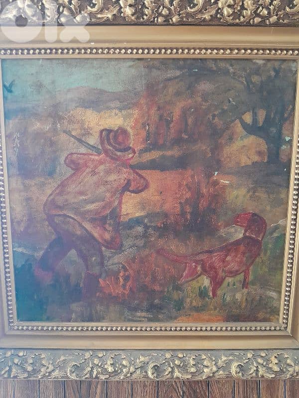 Oil on canvas antique painting  Hunter Scene signed and framed 2