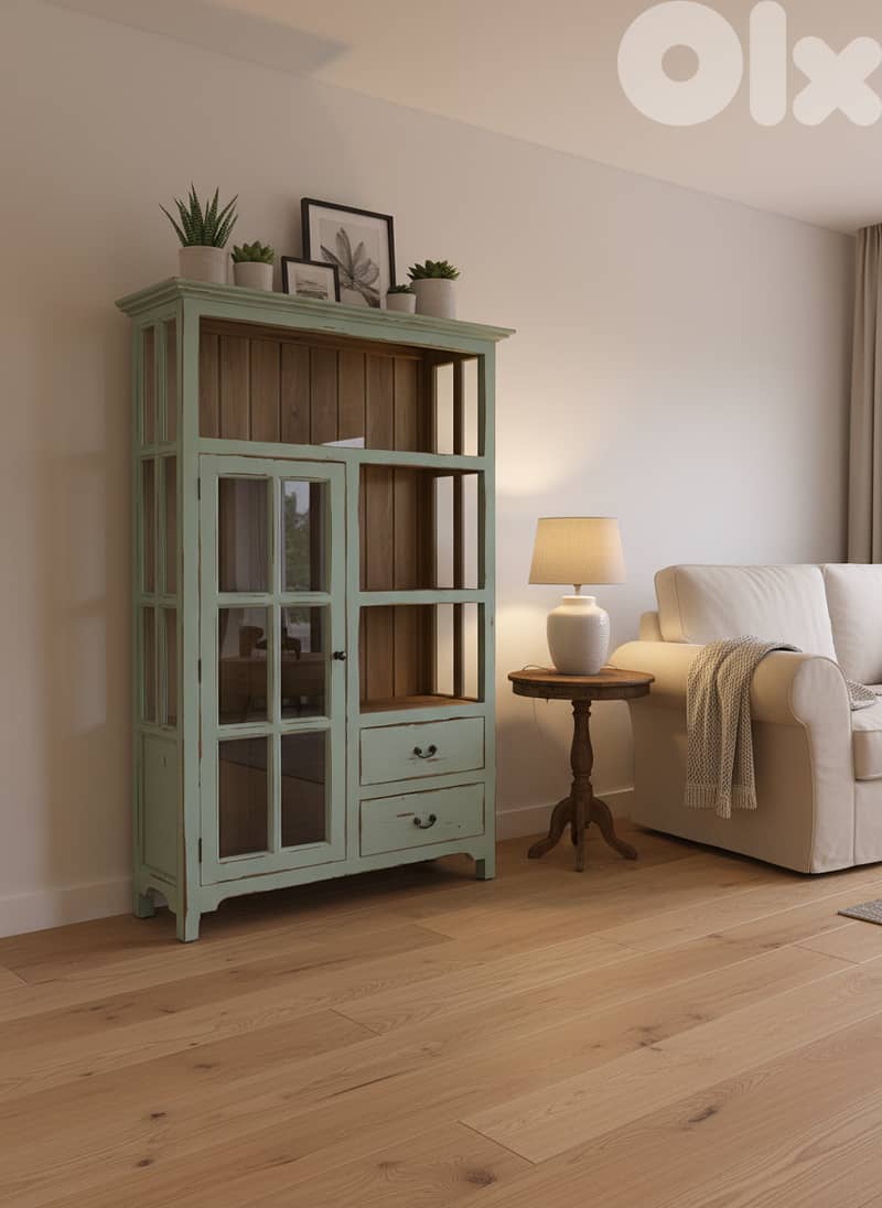 Rustic Olive Green Cabinet: Glass Door, Open Shelving & 2 Drawers 1