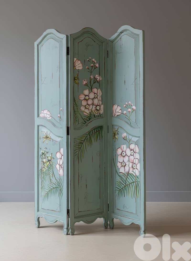 Vintage French Country Room Divider Hand-Painted 3-Panel Floral Screen 1