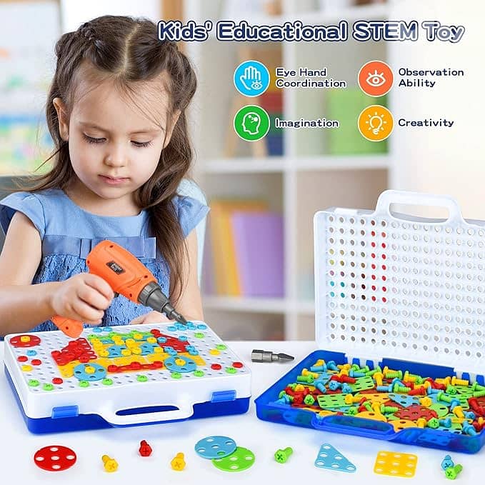 STEM Design and Drill Toy for Kids Ages 3-8, 237 Pcs Electric Drill To 5
