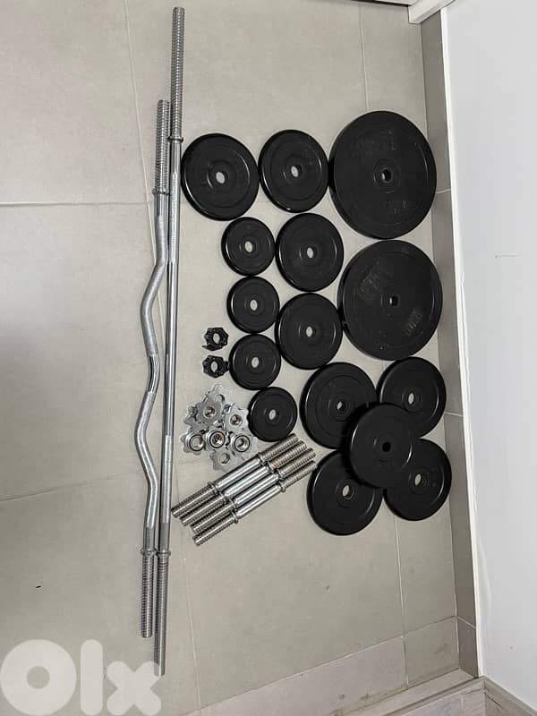 60kg Home Gym Set – Plates, Dumbbells, Barbell + EZ Bar + Stand 1