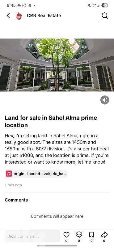 land for sale sahel alma 1450$ hot deal prime location  just 1000$/m 1