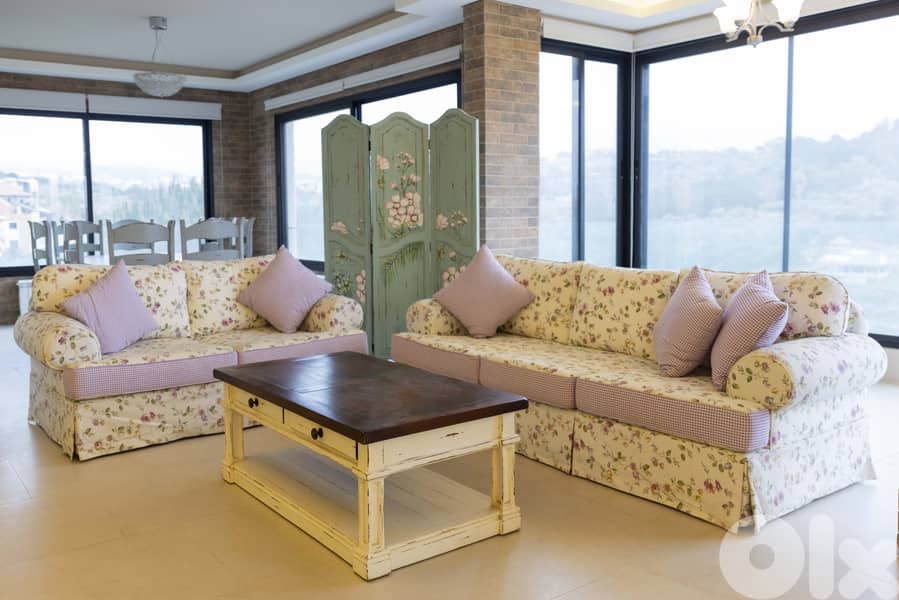 Salon Set: Floral 3-Seater & 2-Seater Sofas with Wood Coffee Table 7