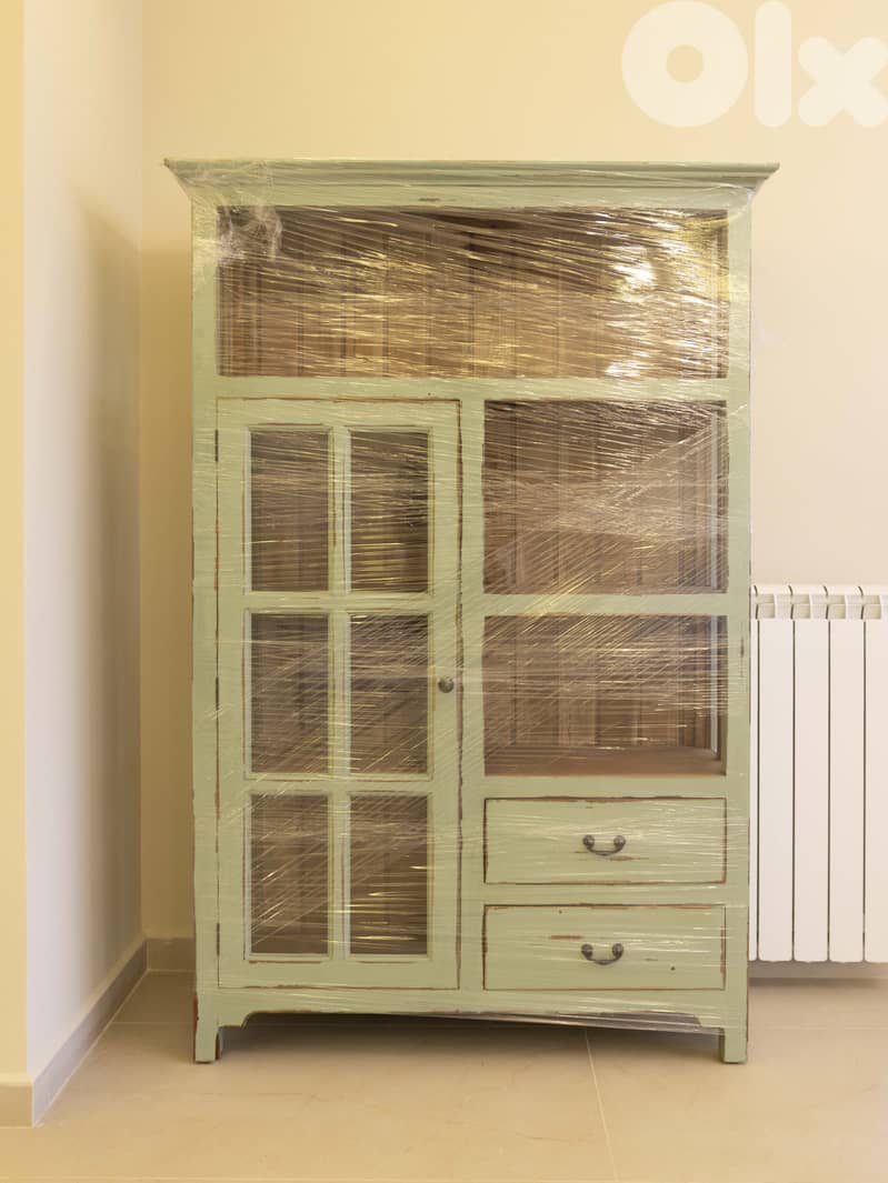 Rustic Olive Green Cabinet: Glass Door, Open Shelving & 2 Drawers 2