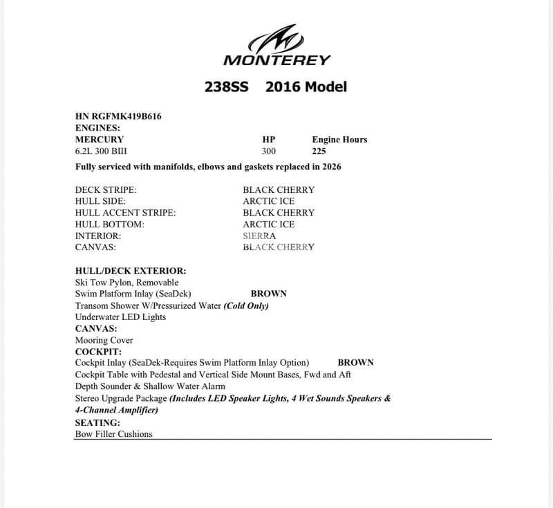 2016 Monterey 238SS – Very Good Condition – $40,000 10
