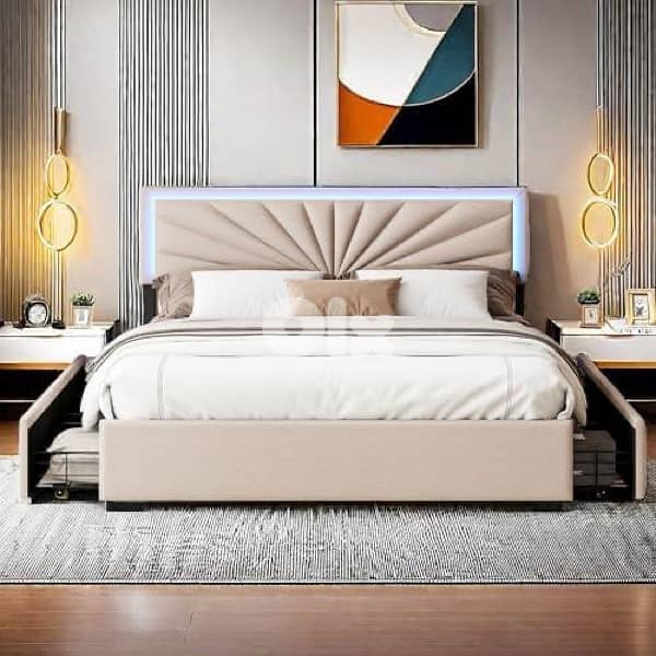 queen bed with led light and 4 drawers storage 1