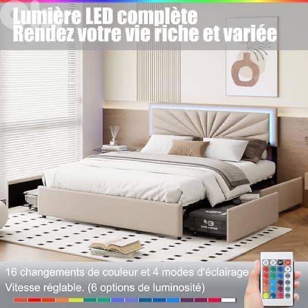 queen bed with led light and 4 drawers storage 3