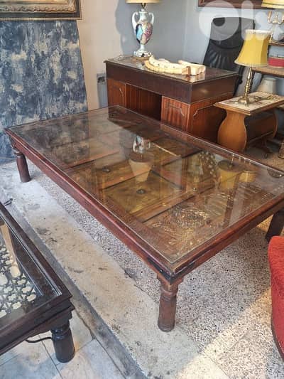 large antique rustic solid wood and bronze door coffee table