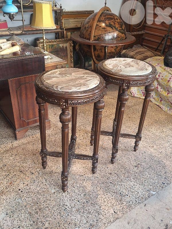 2 antique tall round solid wood and marble tables 2