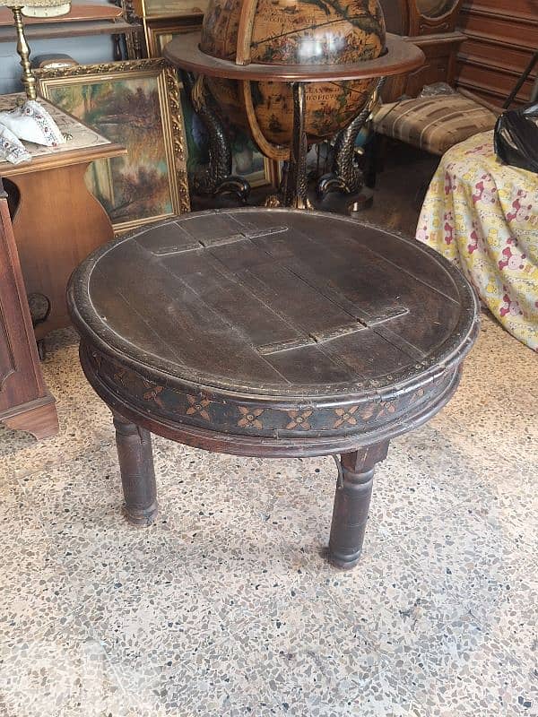 antique rustic round solid wood and bronze table 2