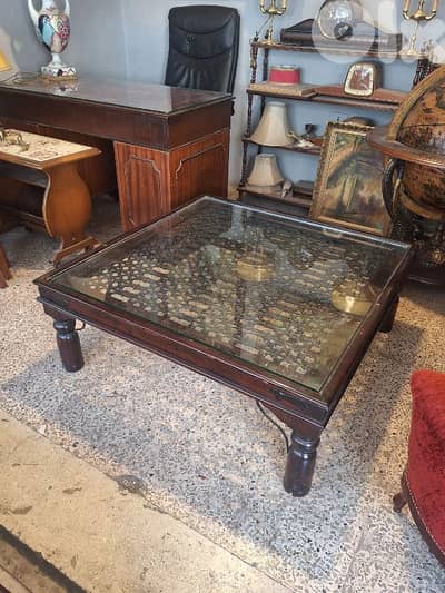 antique solid wood and iron coffee table
