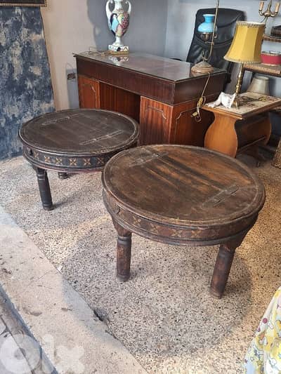 2 antique solid wood and bronze coffee tables
