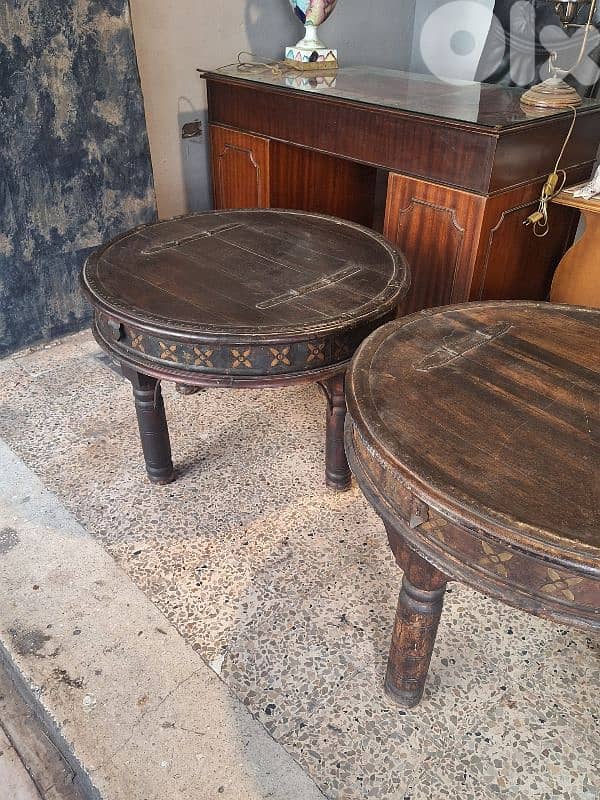 2 antique solid wood and bronze coffee tables 1