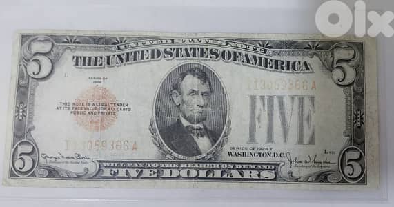 Five USD Red Seal Banknote year 1928 خمسة دولار اميركي الطبعة الحمراء
