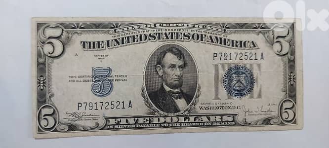 USA Five Dollars Silver Certificate Banknote year 1934 Memorial