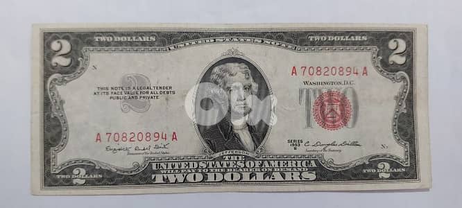 USA Two Dollars Red Seal Banknote year 1953 Memorial