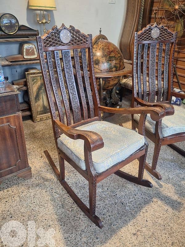 2 antique hand carved brass inlaid solid wood swing chairs 1