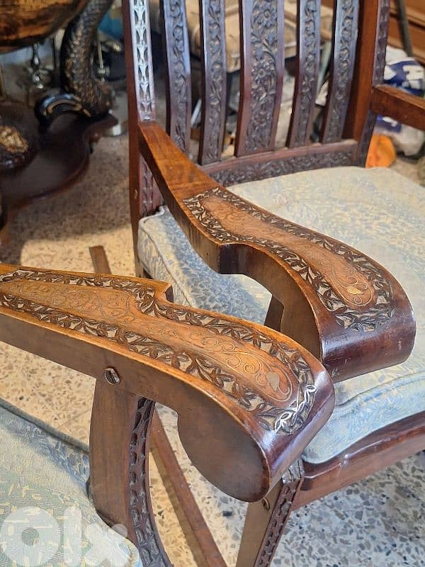 2 antique hand carved brass inlaid solid wood swing chairs 3