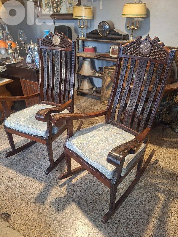 2 antique hand carved brass inlaid solid wood swing chairs 5