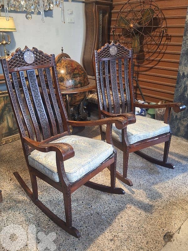 2 antique hand carved brass inlaid solid wood swing chairs 6