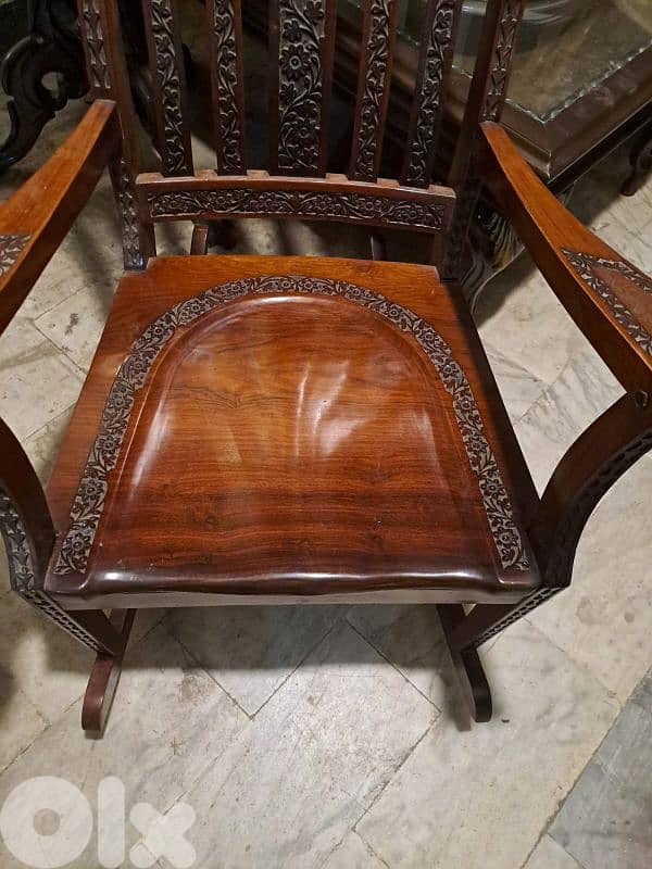2 antique hand carved brass inlaid solid wood swing chairs 9