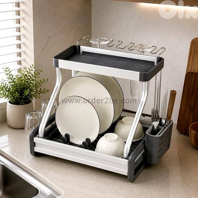 2-Tier Aluminum Dish Rack with Wine Glass Holder 1