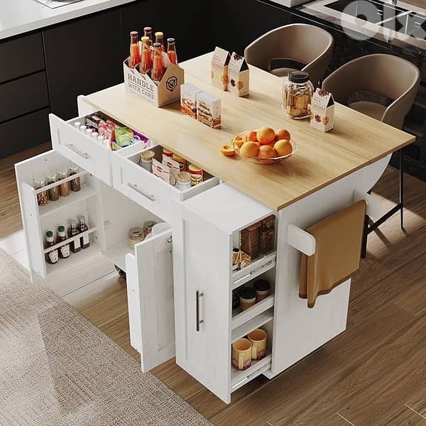 x Kitchen Island with Folding Worktop, Movable Kitchen Trolley 1
