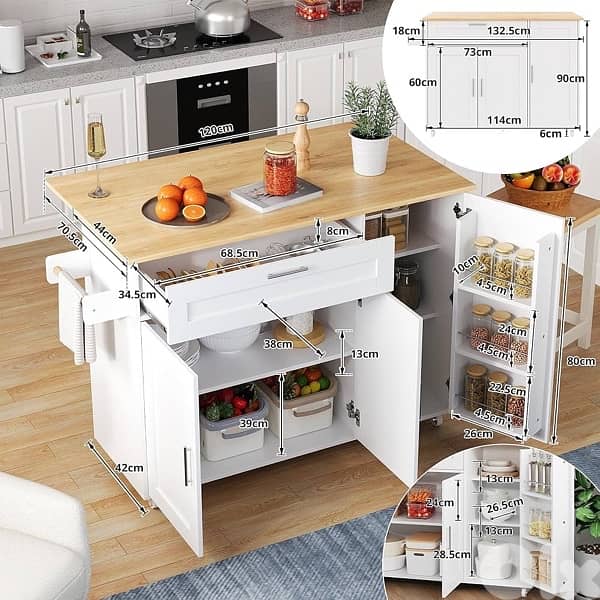 x Kitchen Island with Folding Worktop, Movable Kitchen Trolley 2
