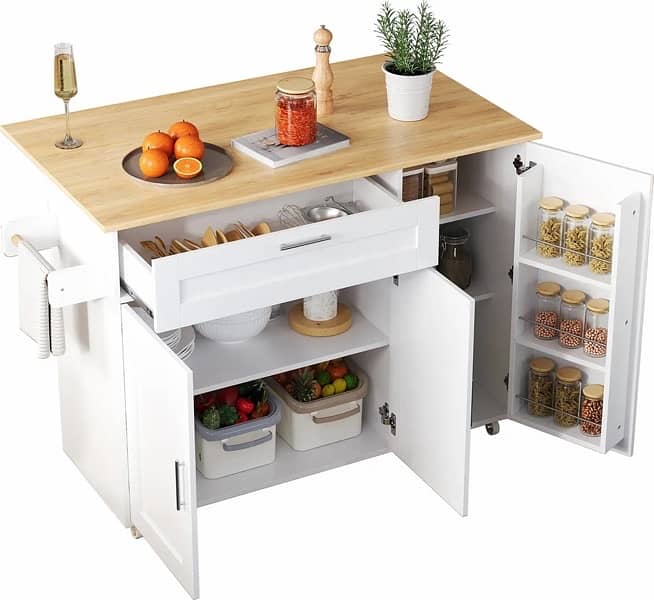 x Kitchen Island with Folding Worktop, Movable Kitchen Trolley 3