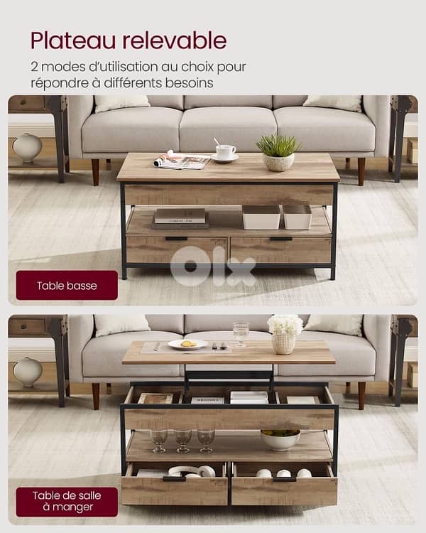 VASAGLE Coffee Table, Living Room Table with Lift Up 2