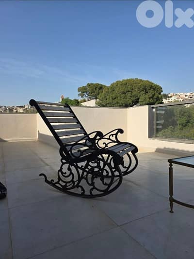 Vintage Cast Iron Rocking Chair + Glass Top Metal Table - For Terrace