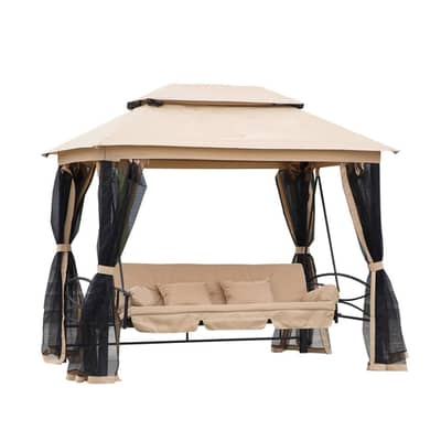 3-Person Swing with Canopy and Mesh Walls for Outdoors - أرجوحة
