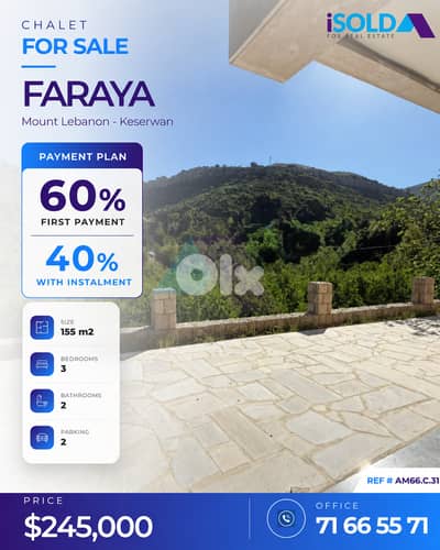 "Payment Facilities" 2 bedroom chalet+mountain view 4sale in Faraya