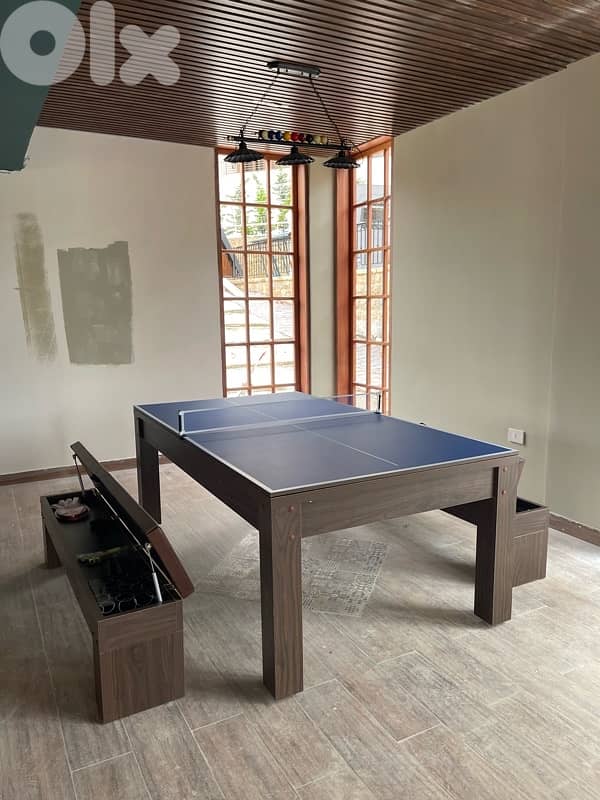 7 FT 3-in-1 Billiard, Ping Pong & Dining Table with 2 Benches 7