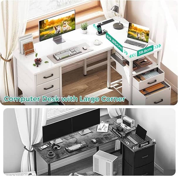 Lshaped desk with drawers and power supply 1