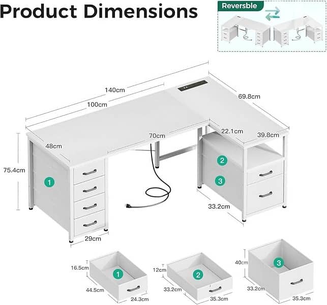 Lshaped desk with drawers and power supply 3