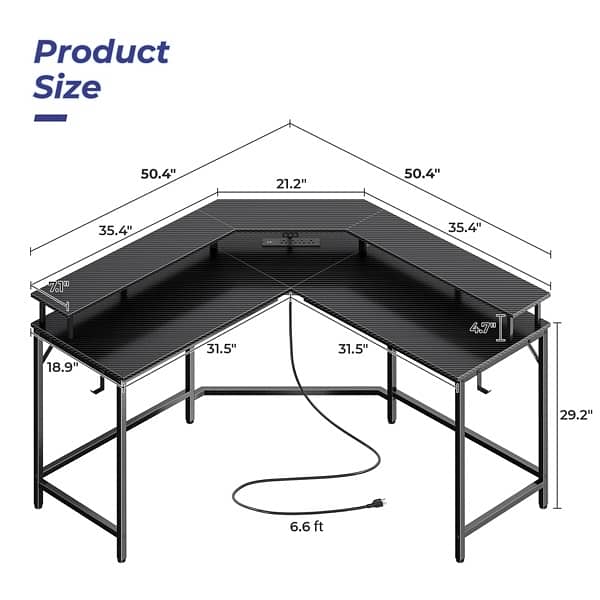 l shaped desk with power supple , 2 USB PORT , 4 AC POWER 1