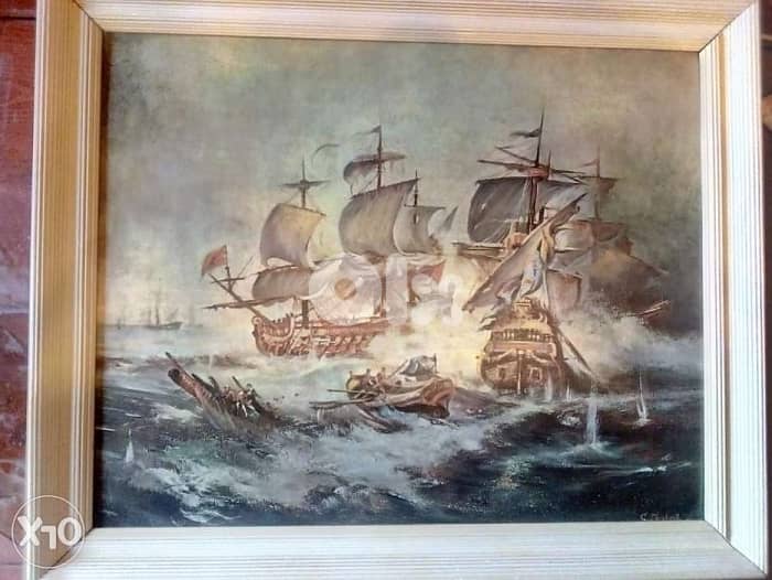 vintage G. Chiabert "NAVAL BATTLE" fine art print plus wooden frame50*6 0