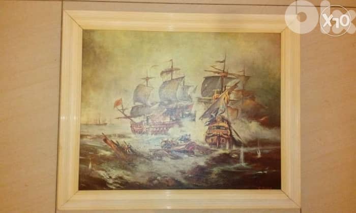 vintage G. Chiabert "NAVAL BATTLE" fine art print plus wooden frame50*6 1