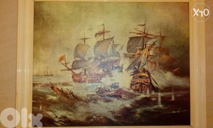 vintage G. Chiabert "NAVAL BATTLE" fine art print plus wooden frame50*6 2