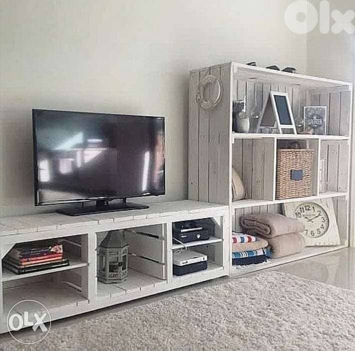 Vintage wood TV big white stand an closet ستاند تلفزيون خشب مع خزانة 0