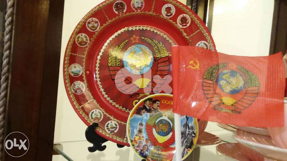 USSR Handmade Memorial plates diam20 cm & 8 cm + Small USSR Flag 0