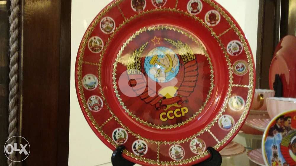 USSR Handmade Memorial plates diam20 cm & 8 cm + Small USSR Flag 2