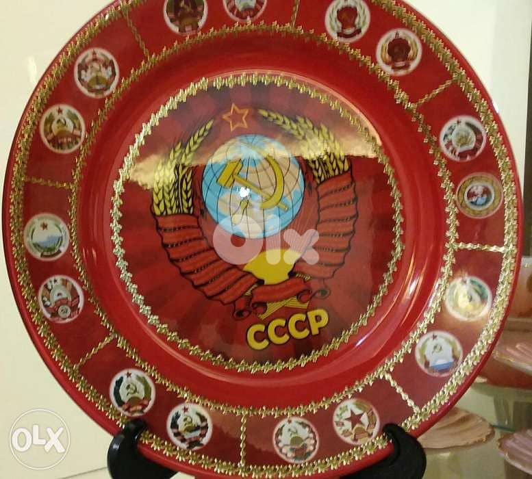 USSR Handmade Memorial plates diam20 cm & 8 cm + Small USSR Flag 3