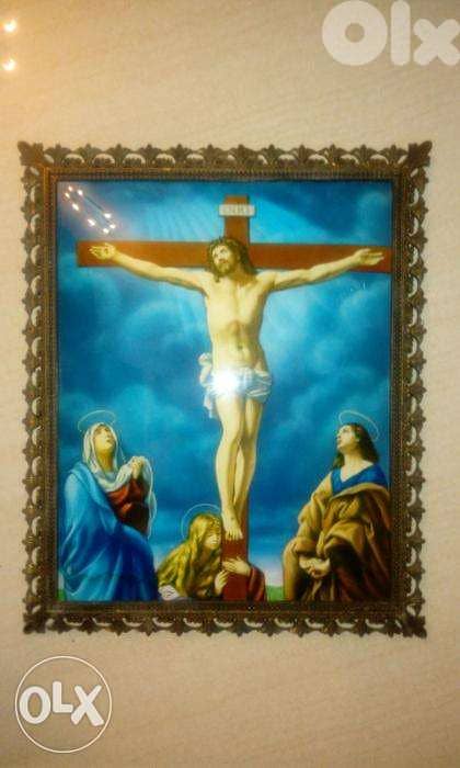 صورة قديمة للسيد المسيح 35*25 كادر نحاسي فتحة اضاءة خلفية زجاج مبروم 0