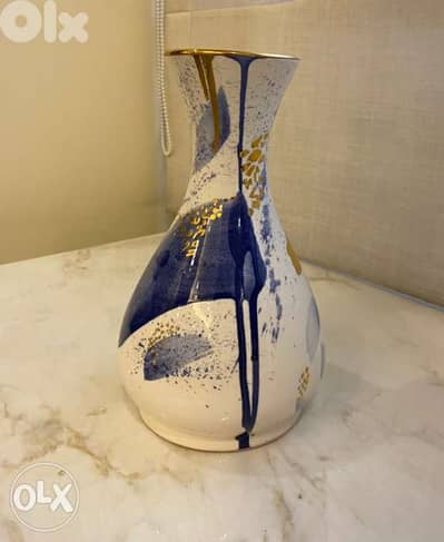 Beautiful handmade white, blue and gold vase