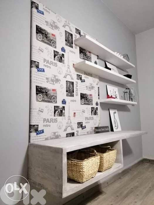 TV stand with rustic shelves and fabrics wood ستاند تلفزيون مع تنجيد 3
